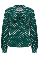 Eva Long Sleeve Blouse in Green Polka Dot, Authentic & Classic 1940s Vintage Style