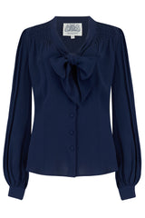 Eva Long Sleeve Blouse in Solid Navy, Authentic & Classic 1940s Vintage Style