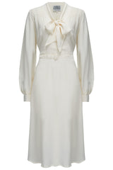 "Eva" Dress in Cream , Classic 1940's Style Long Sleeve Dress with Pussy Bow Tie Neck