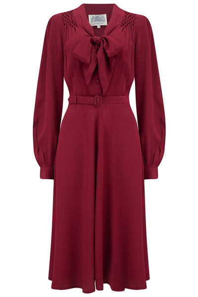 "Eva" Dress in Solid Wine , Classic 1940's Style Long Sleeve Dress with Tie Neck - True and authentic vintage style clothing, inspired by the Classic styles of CC41 , WW2 and the fun 1950s RocknRoll era, for everyday wear plus events like Goodwood Revival, Twinwood Festival and Viva Las Vegas Rockabilly Weekend Rock n Romance The Seamstress Of Bloomsbury