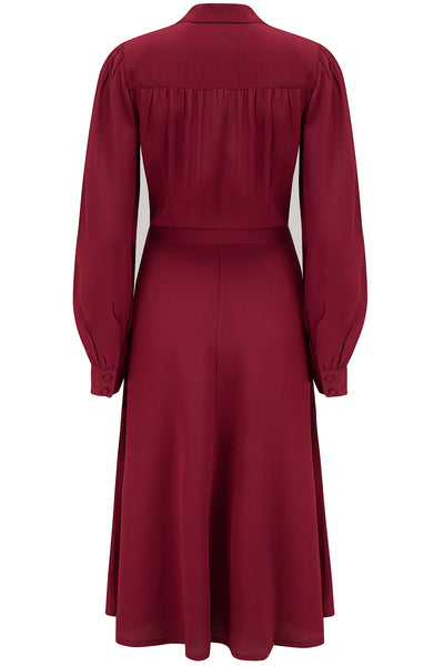 "Eva" Dress in Solid Wine , Classic 1940's Style Long Sleeve Dress with Tie Neck - True and authentic vintage style clothing, inspired by the Classic styles of CC41 , WW2 and the fun 1950s RocknRoll era, for everyday wear plus events like Goodwood Revival, Twinwood Festival and Viva Las Vegas Rockabilly Weekend Rock n Romance The Seamstress Of Bloomsbury