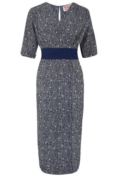 The “Evelyn" Wiggle Dress in Navy Ditzy Print, True Late 40s Early 50s Vintage Style - True and authentic vintage style clothing, inspired by the Classic styles of CC41 , WW2 and the fun 1950s RocknRoll era, for everyday wear plus events like Goodwood Revival, Twinwood Festival and Viva Las Vegas Rockabilly Weekend Rock n Romance Rock n Romance