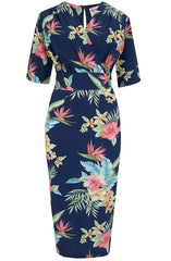**Vente d'échantillons** La robe Wiggle « Evelyn » en bleu marine Honolulu, véritable style vintage du début des années 1940