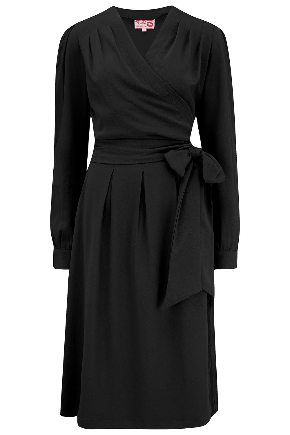 The "Evie" Long Sleeve Wrap Dress in Black, True & Authentic Late 1940s Early 1950s Vintage Style - True and authentic vintage style clothing, inspired by the Classic styles of CC41 , WW2 and the fun 1950s RocknRoll era, for everyday wear plus events like Goodwood Revival, Twinwood Festival and Viva Las Vegas Rockabilly Weekend Rock n Romance Rock n Romance