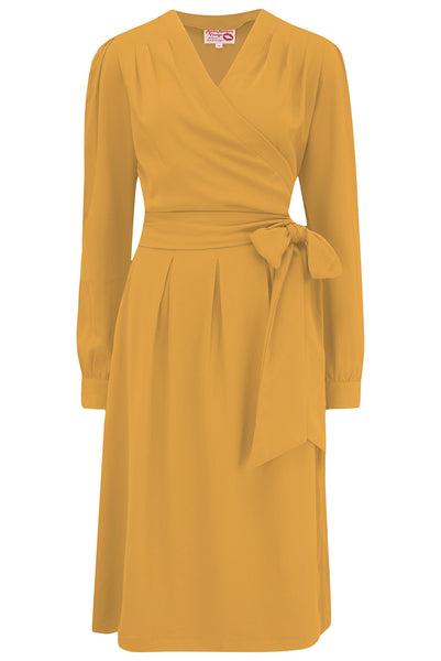 The "Evie" Long Sleeve Wrap Dress in Mustard, True & Authentic Late 1940s Early 1950s Vintage Style - True and authentic vintage style clothing, inspired by the Classic styles of CC41 , WW2 and the fun 1950s RocknRoll era, for everyday wear plus events like Goodwood Revival, Twinwood Festival and Viva Las Vegas Rockabilly Weekend Rock n Romance Rock n Romance