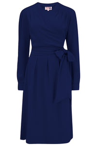 The "Evie" Long Sleeve Wrap Dress in Navy, True & Authentic Late 1940s Early 1950s Vintage Style - True and authentic vintage style clothing, inspired by the Classic styles of CC41 , WW2 and the fun 1950s RocknRoll era, for everyday wear plus events like Goodwood Revival, Twinwood Festival and Viva Las Vegas Rockabilly Weekend Rock n Romance Rock n Romance