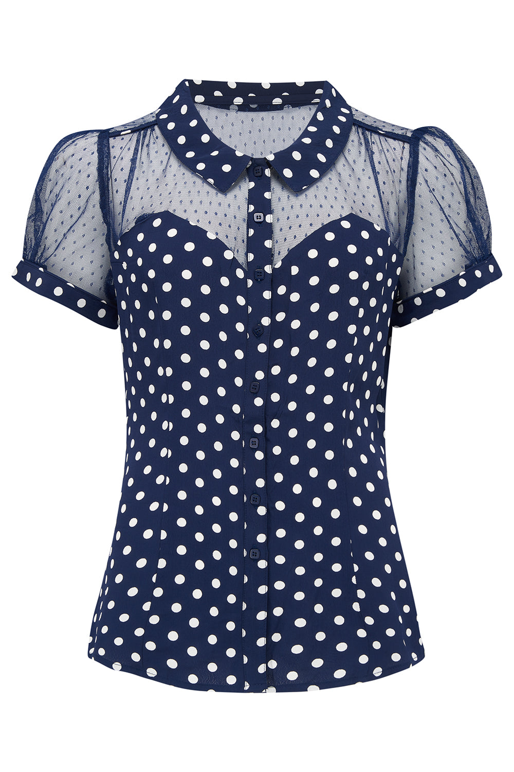 "Florance" Evening Blouse in Navy Polka with Net, Authentic 1940s Vintage Style - True and authentic vintage style clothing, inspired by the Classic styles of CC41 , WW2 and the fun 1950s RocknRoll era, for everyday wear plus events like Goodwood Revival, Twinwood Festival and Viva Las Vegas Rockabilly Weekend Rock n Romance The Seamstress Of Bloomsbury