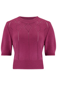 The "Frances" Short Sleeve Pullover Jumper in Fuchsia Pink, Classic 1940s & 50s Vintage Style - True and authentic vintage style clothing, inspired by the Classic styles of CC41 , WW2 and the fun 1950s RocknRoll era, for everyday wear plus events like Goodwood Revival, Twinwood Festival and Viva Las Vegas Rockabilly Weekend Rock n Romance Rock n Romance