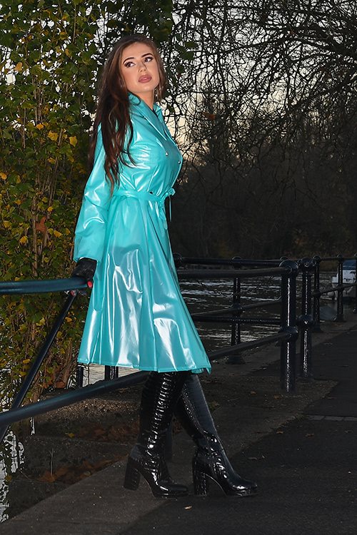 **UK Hand Made To Order** Authentic 1950s Style "Double Breasted & Skirted Rain Mac " in Mint Shiny by Elements Rainwear - True and authentic vintage style clothing, inspired by the Classic styles of CC41 , WW2 and the fun 1950s RocknRoll era, for everyday wear plus events like Goodwood Revival, Twinwood Festival and Viva Las Vegas Rockabilly Weekend Rock n Romance Elements Rain Wear