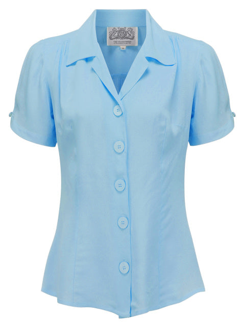 "Grace" Blouse in Powder Blue , Authentic & Classic 1940s Vintage Style - True and authentic vintage style clothing, inspired by the Classic styles of CC41 , WW2 and the fun 1950s RocknRoll era, for everyday wear plus events like Goodwood Revival, Twinwood Festival and Viva Las Vegas Rockabilly Weekend Rock n Romance The Seamstress Of Bloomsbury