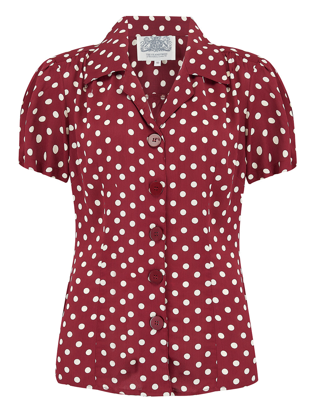 "Grace" Blouse in Wine Polkadot , Authentic & Classic 1940s Vintage Style - True and authentic vintage style clothing, inspired by the Classic styles of CC41 , WW2 and the fun 1950s RocknRoll era, for everyday wear plus events like Goodwood Revival, Twinwood Festival and Viva Las Vegas Rockabilly Weekend Rock n Romance The Seamstress Of Bloomsbury