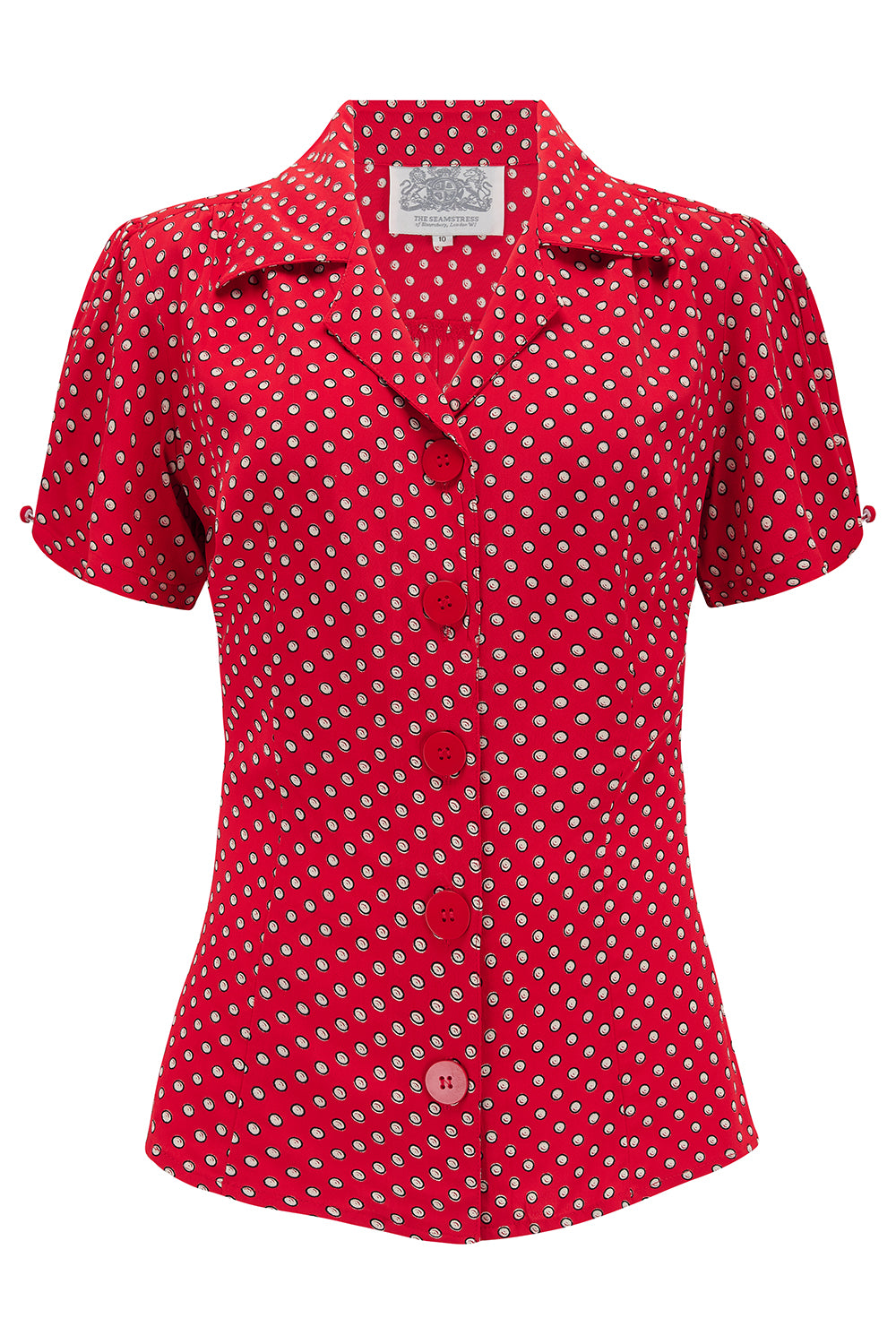 "Grace" Blouse in Red Ditzy Print CC41, Authentic & Classic 1940s Vintage Style - True and authentic vintage style clothing, inspired by the Classic styles of CC41 , WW2 and the fun 1950s RocknRoll era, for everyday wear plus events like Goodwood Revival, Twinwood Festival and Viva Las Vegas Rockabilly Weekend Rock n Romance The Seamstress Of Bloomsbury
