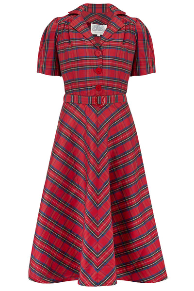 "Lisa" Tea Dress in Red Taffeta Tartan, Authentic 1940s Vintage Style - True and authentic vintage style clothing, inspired by the Classic styles of CC41 , WW2 and the fun 1950s RocknRoll era, for everyday wear plus events like Goodwood Revival, Twinwood Festival and Viva Las Vegas Rockabilly Weekend Rock n Romance The Seamstress Of Bloomsbury