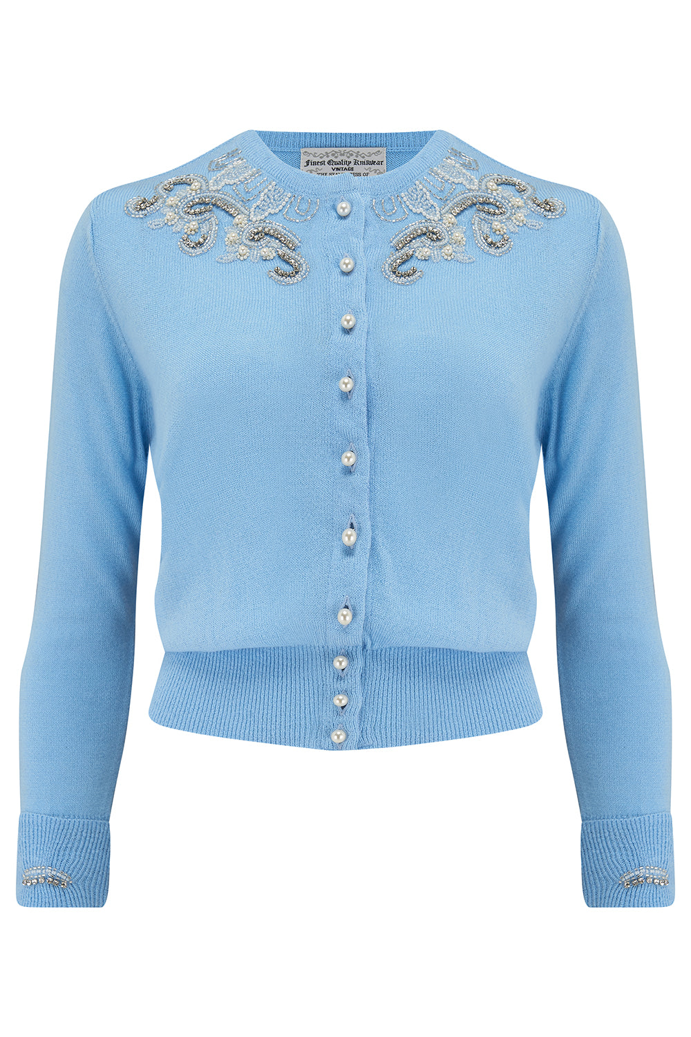 The Beaded Cardigan in Powder Blue, Stunning 1940s Vintage Style - True and authentic vintage style clothing, inspired by the Classic styles of CC41 , WW2 and the fun 1950s RocknRoll era, for everyday wear plus events like Goodwood Revival, Twinwood Festival and Viva Las Vegas Rockabilly Weekend Rock n Romance The Seamstress Of Bloomsbury