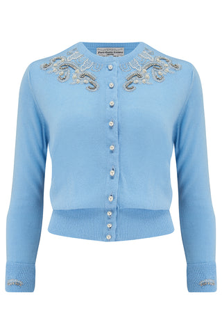 The Beaded Cardigan in Powder Blue, Stunning 1940s Vintage Style - True and authentic vintage style clothing, inspired by the Classic styles of CC41 , WW2 and the fun 1950s RocknRoll era, for everyday wear plus events like Goodwood Revival, Twinwood Festival and Viva Las Vegas Rockabilly Weekend Rock n Romance The Seamstress Of Bloomsbury