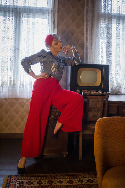 The "Sophia" Palazzo Wide Leg Trousers in Red, Easy To Wear Vintage Inspired Style - CC41, Goodwood Revival, Twinwood Festival, Viva Las Vegas Rockabilly Weekend Rock n Romance Rock n Romance