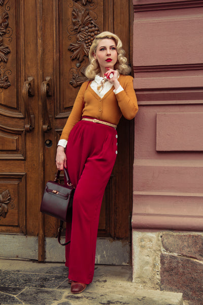"Audrey" Trousers in Wine, Totally Authentic & Classic 1940s True Vintage Inspired Style - True and authentic vintage style clothing, inspired by the Classic styles of CC41 , WW2 and the fun 1950s RocknRoll era, for everyday wear plus events like Goodwood Revival, Twinwood Festival and Viva Las Vegas Rockabilly Weekend Rock n Romance The Seamstress Of Bloomsbury