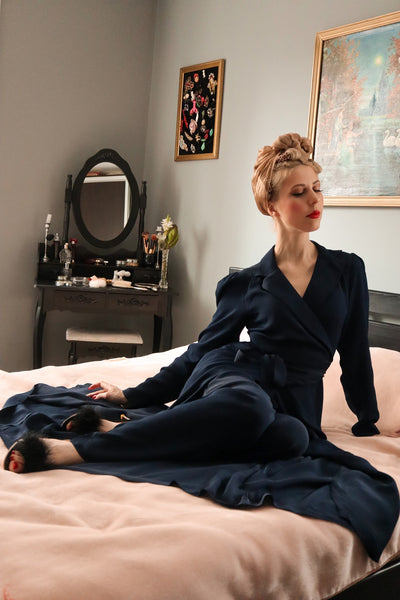 1940's Hollywood Pyjama Set In Solid navy - True and authentic vintage style clothing, inspired by the Classic styles of CC41 , WW2 and the fun 1950s RocknRoll era, for everyday wear plus events like Goodwood Revival, Twinwood Festival and Viva Las Vegas Rockabilly Weekend Rock n Romance The Seamstress Of Bloomsbury