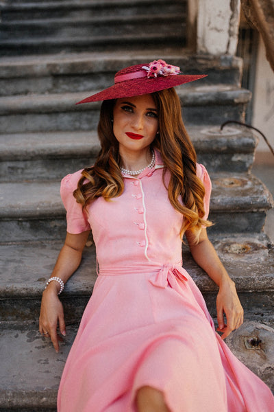 "Mae" Tea Dress in Pink Blossom with Cream Contrasts, Classic 1940s Vintage Style - CC41, Goodwood Revival, Twinwood Festival, Viva Las Vegas Rockabilly Weekend Rock n Romance The Seamstress Of Bloomsbury