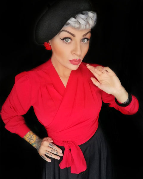 The "Darla" Long Sleeve Wrap Blouse in Red, True Vintage Style - True and authentic vintage style clothing, inspired by the Classic styles of CC41 , WW2 and the fun 1950s RocknRoll era, for everyday wear plus events like Goodwood Revival, Twinwood Festival and Viva Las Vegas Rockabilly Weekend Rock n Romance Rock n Romance