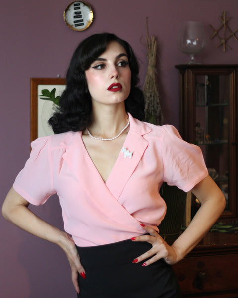Greta" Wrap Blouse in Blossom Pink by The Seamstress Of Bloomsbury, Classic 1940s Vintage Inspired Style - True and authentic vintage style clothing, inspired by the Classic styles of CC41 , WW2 and the fun 1950s RocknRoll era, for everyday wear plus events like Goodwood Revival, Twinwood Festival and Viva Las Vegas Rockabilly Weekend Rock n Romance The Seamstress Of Bloomsbury