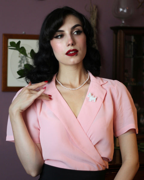 Greta" Wrap Blouse in Blossom Pink by The Seamstress Of Bloomsbury, Classic 1940s Vintage Inspired Style - True and authentic vintage style clothing, inspired by the Classic styles of CC41 , WW2 and the fun 1950s RocknRoll era, for everyday wear plus events like Goodwood Revival, Twinwood Festival and Viva Las Vegas Rockabilly Weekend Rock n Romance The Seamstress Of Bloomsbury
