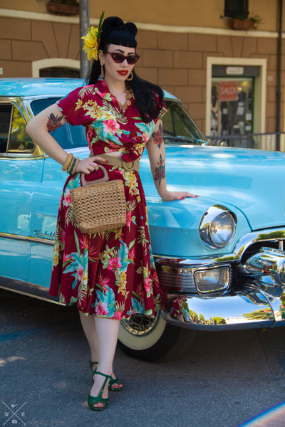 The "Beverly" Button Front Full Circle Skirt with Pockets in Wine Honolulu Print, True 1950s Vintage Style - CC41, Goodwood Revival, Twinwood Festival, Viva Las Vegas Rockabilly Weekend Rock n Romance Rock n Romance