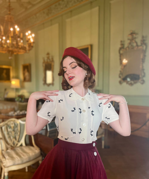 "Andrea " Blouse in Cream Doggy Print , Authentic & Classic 1940s Vintage Inspired Style - CC41, Goodwood Revival, Twinwood Festival, Viva Las Vegas Rockabilly Weekend Rock n Romance The Seamstress Of Bloomsbury