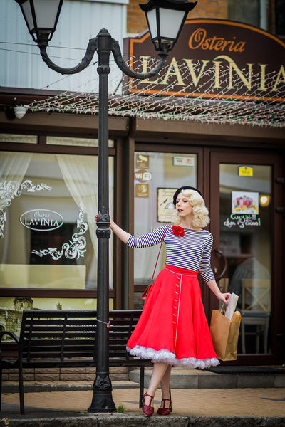 "Rita" Swing Skirt in Red with Ivory Detailing, Classic 1940s Vintage Style - CC41, Goodwood Revival, Twinwood Festival, Viva Las Vegas Rockabilly Weekend Rock n Romance The Seamstress of Bloomsbury