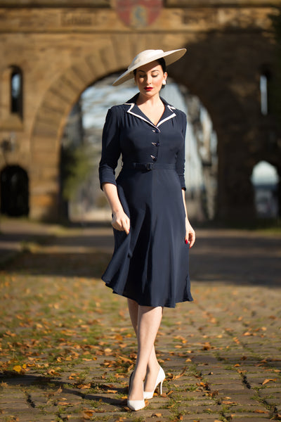 Long sleeve Lisa - Mae Dress in Navy with contrast under collar, Authentic 1940s Vintage Style at its Best - True and authentic vintage style clothing, inspired by the Classic styles of CC41 , WW2 and the fun 1950s RocknRoll era, for everyday wear plus events like Goodwood Revival, Twinwood Festival and Viva Las Vegas Rockabilly Weekend Rock n Romance The Seamstress Of Bloomsbury
