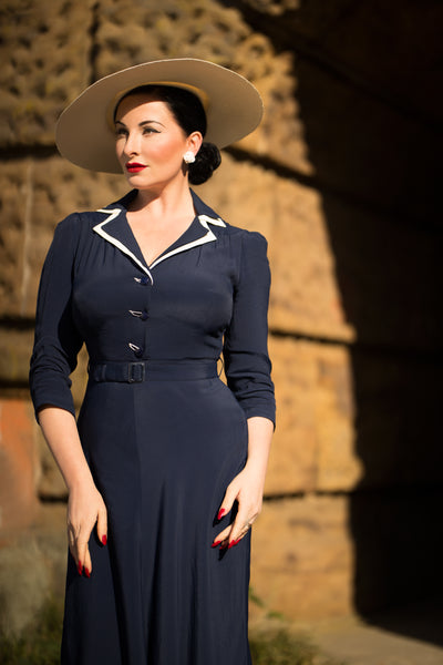 Long sleeve Lisa - Mae Dress in Navy with contrast under collar, Authentic 1940s Vintage Style at its Best - CC41, Goodwood Revival, Twinwood Festival, Viva Las Vegas Rockabilly Weekend Rock n Romance The Seamstress Of Bloomsbury