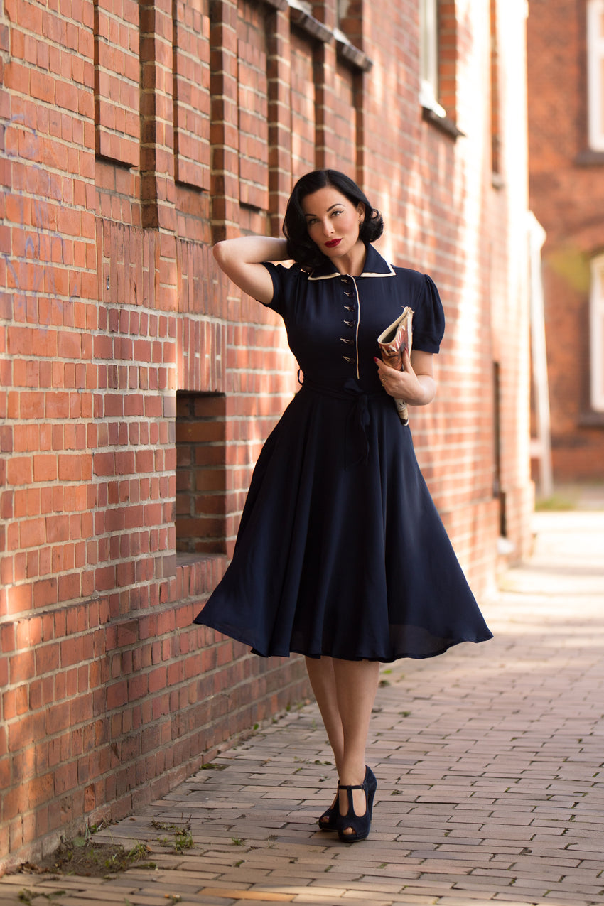 1940s 'Girl Friday' Tea Dress - Navy