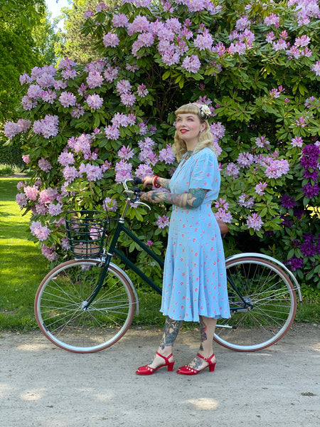 "Lisa Fit & Flare" Tea Dress in Powder Blue Rose Print, Authentic 1940s Vintage Style - True vintage clothing outfit styles for Goodwood Revival and Viva Las Vegas Rockabilly Weekend Rock n Romance The Seamstress Of Bloomsbury