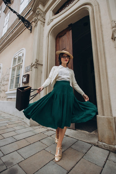 The "Lucille" Pleated Skirt in Solid Green, Classic & Authentic 1940s Vintage Inspired Style - CC41, Goodwood Revival, Twinwood Festival, Viva Las Vegas Rockabilly Weekend Rock n Romance The Seamstress Of Bloomsbury