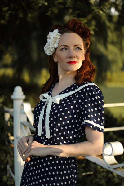 Patti Dress In 1940s Navy With White Polka dot And Contrast Collar, Authentic true vintage style - CC41, Goodwood Revival, Twinwood Festival, Viva Las Vegas Rockabilly Weekend Rock n Romance The Seamstress Of Bloomsbury
