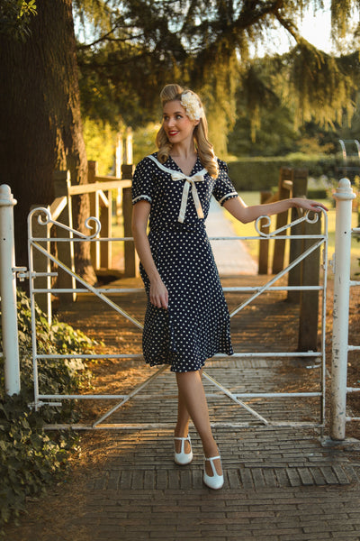 Patti Dress In 1940s Navy With White Polka dot And Contrast Collar, Authentic true vintage style - True and authentic vintage style clothing, inspired by the Classic styles of CC41 , WW2 and the fun 1950s RocknRoll era, for everyday wear plus events like Goodwood Revival, Twinwood Festival and Viva Las Vegas Rockabilly Weekend Rock n Romance The Seamstress Of Bloomsbury