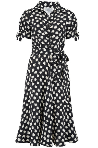 "Iris" Tea Dress in Black Moonshine Print, Classic & Authentic 1940s Style at its Best - True and authentic vintage style clothing, inspired by the Classic styles of CC41 , WW2 and the fun 1950s RocknRoll era, for everyday wear plus events like Goodwood Revival, Twinwood Festival and Viva Las Vegas Rockabilly Weekend Rock n Romance The Seamstress Of Bloomsbury