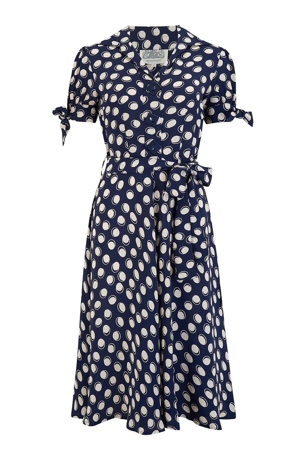 "Iris" Tea Dress in Navy Moonshine Print, Classic & Authentic 1940s Style at its Best - True and authentic vintage style clothing, inspired by the Classic styles of CC41 , WW2 and the fun 1950s RocknRoll era, for everyday wear plus events like Goodwood Revival, Twinwood Festival and Viva Las Vegas Rockabilly Weekend Rock n Romance The Seamstress Of Bloomsbury