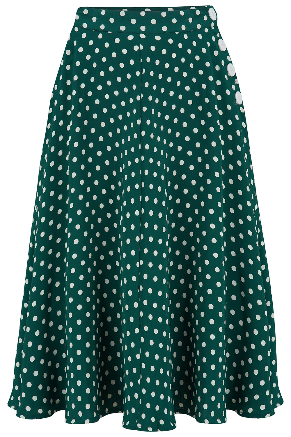 "Isabelle" Skirt in Green Polka , Classic & Authentic 1940s Vintage Inspired Style - True and authentic vintage style clothing, inspired by the Classic styles of CC41 , WW2 and the fun 1950s RocknRoll era, for everyday wear plus events like Goodwood Revival, Twinwood Festival and Viva Las Vegas Rockabilly Weekend Rock n Romance The Seamstress Of Bloomsbury