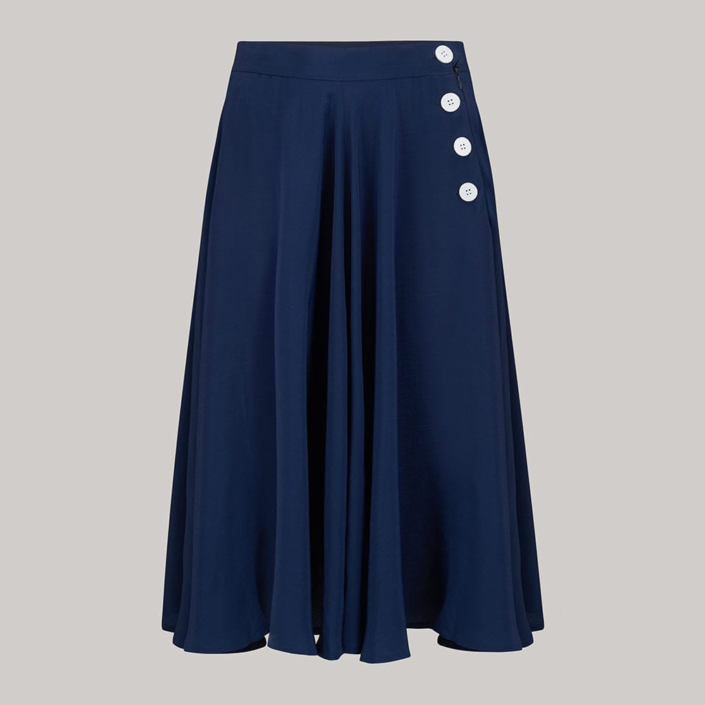 "Isabelle" Skirt in solid Navy with white buttons, Classic & Authentic 1940s Vintage Inspired Style - True and authentic vintage style clothing, inspired by the Classic styles of CC41 , WW2 and the fun 1950s RocknRoll era, for everyday wear plus events like Goodwood Revival, Twinwood Festival and Viva Las Vegas Rockabilly Weekend Rock n Romance The Seamstress Of Bloomsbury