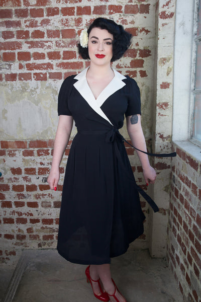 "Peggy" Wrap Dress in Black with Cream Contrast Collar, Classic 1940s Vintage Style - RocknRomance True 1940s & 1950s Vintage Style