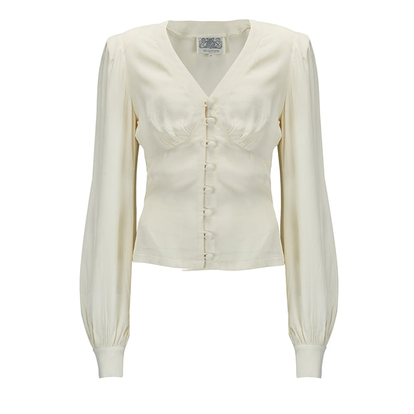 "Jay" Long Sleeve Blouse in Cream, Classic 1940s Vintage Inspired Style - True and authentic vintage style clothing, inspired by the Classic styles of CC41 , WW2 and the fun 1950s RocknRoll era, for everyday wear plus events like Goodwood Revival, Twinwood Festival and Viva Las Vegas Rockabilly Weekend Rock n Romance The Seamstress Of Bloomsbury