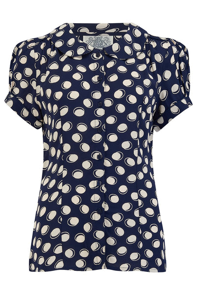 "Jive" Blouse in Navy Blue Moonshine, Classic 1940s Vintage Inspired Style - True and authentic vintage style clothing, inspired by the Classic styles of CC41 , WW2 and the fun 1950s RocknRoll era, for everyday wear plus events like Goodwood Revival, Twinwood Festival and Viva Las Vegas Rockabilly Weekend Rock n Romance The Seamstress Of Bloomsbury