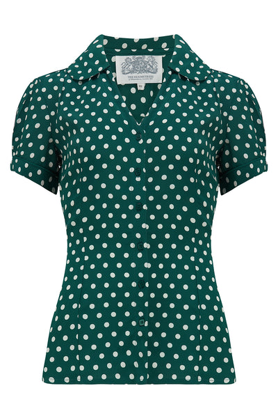 "Judy" Blouse in Green Polka , Classic 1940s Vintage Style - True and authentic vintage style clothing, inspired by the Classic styles of CC41 , WW2 and the fun 1950s RocknRoll era, for everyday wear plus events like Goodwood Revival, Twinwood Festival and Viva Las Vegas Rockabilly Weekend Rock n Romance The Seamstress Of Bloomsbury