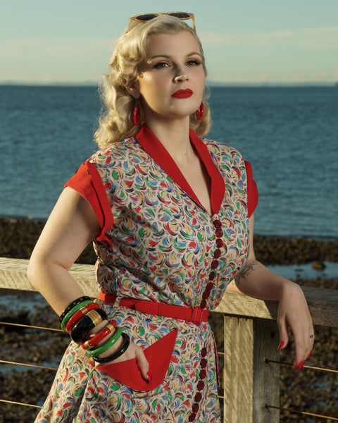 The "Casey" Dress in Tutti Frutti Print With Red Contrasts, True & Authentic 1950s Vintage Style - CC41, Goodwood Revival, Twinwood Festival, Viva Las Vegas Rockabilly Weekend Rock n Romance Rock n Romance