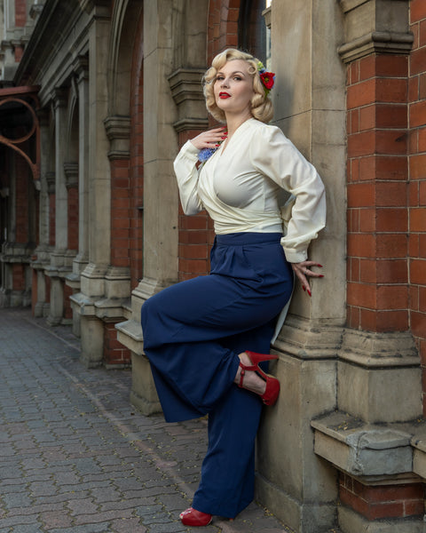 The "Sophia" Palazzo Wide Leg Trousers in Navy, Easy To Wear Vintage Inspired Style - True and authentic vintage style clothing, inspired by the Classic styles of CC41 , WW2 and the fun 1950s RocknRoll era, for everyday wear plus events like Goodwood Revival, Twinwood Festival and Viva Las Vegas Rockabilly Weekend Rock n Romance Rock n Romance
