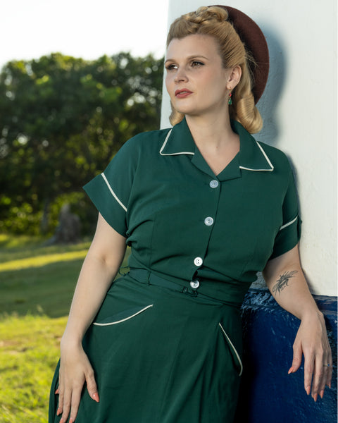 The "Lucille" 2pc Sweetheart Dress & Bolero Set In Green & Ivory Contrast, True Late 1940s - Early 50s Vintage Style