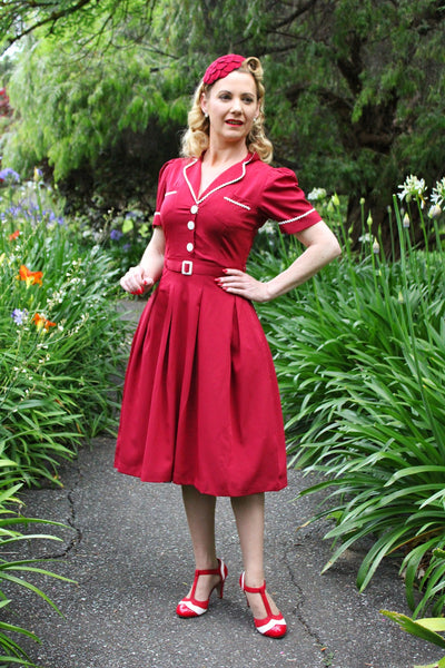 The "Kitty" Shirtwaister Dress in Wine with Contrast Ric-Rac, True Late 40s Early 1950s Vintage Style - True and authentic vintage style clothing, inspired by the Classic styles of CC41 , WW2 and the fun 1950s RocknRoll era, for everyday wear plus events like Goodwood Revival, Twinwood Festival and Viva Las Vegas Rockabilly Weekend Rock n Romance Rock n Romance