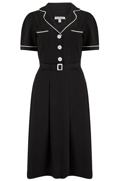 The "Kitty" Shirtwaister Dress in Black with Contrast Ric-Rac, True Late 40s Early 1950s Vintage Style - True and authentic vintage style clothing, inspired by the Classic styles of CC41 , WW2 and the fun 1950s RocknRoll era, for everyday wear plus events like Goodwood Revival, Twinwood Festival and Viva Las Vegas Rockabilly Weekend Rock n Romance Rock n Romance