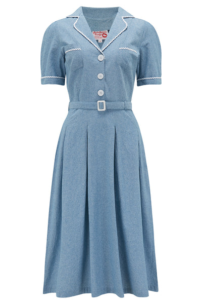 The "Kitty" Shirtwaister Dress in Lightweight Denim Cotton Chambray with Contrast Ric-Rac, True Late 40s Early 1950s Vintage Style - True and authentic vintage style clothing, inspired by the Classic styles of CC41 , WW2 and the fun 1950s RocknRoll era, for everyday wear plus events like Goodwood Revival, Twinwood Festival and Viva Las Vegas Rockabilly Weekend Rock n Romance Rock n Romance